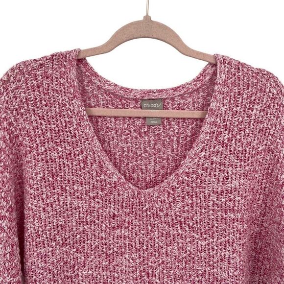 Chico's Pullover V-neck Tape Yarn 3/4 Sleeve Sweater Summer Berry Small/4 - Picture 3 of 10